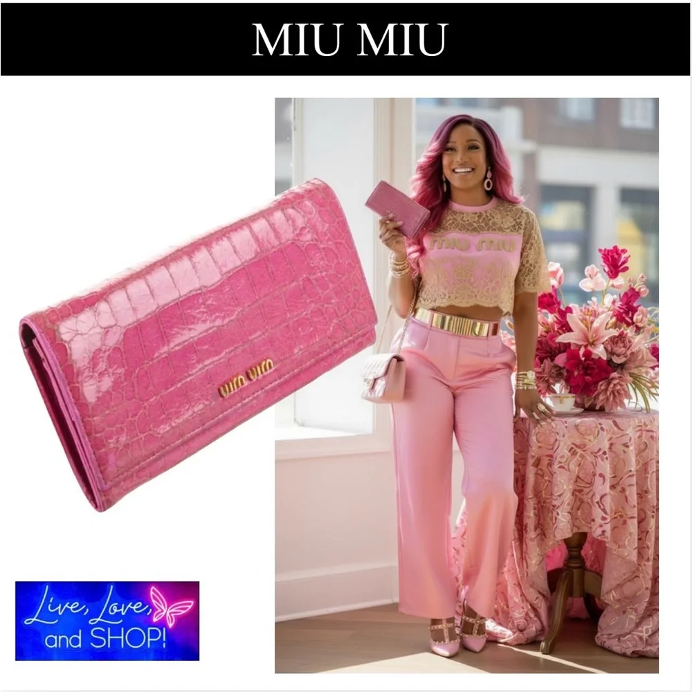 MIU MIU Pink/Peach Croc Embossed Leather Long Wallet, Authentic GUC